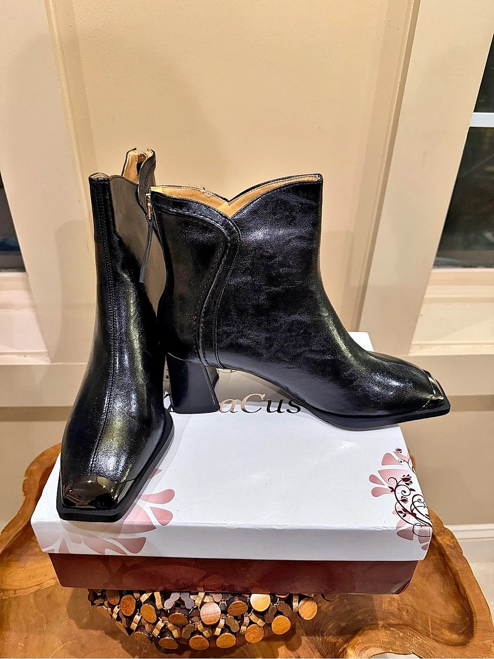 NWT TinaCus Genuine Leather Custom Black Square Toe Ankle Dress Boots Booties 9